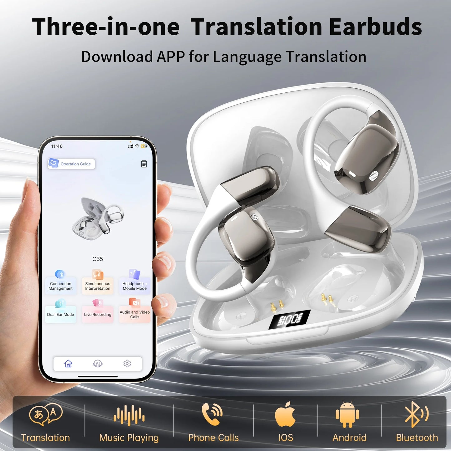 AI Translation Earbuds Real Time, 144 Languages Translator Earbuds with App, 3-In-1 Bluetooth Language Translator Headphones for Ios & Android, for Travel, Business Meetings & Language Learning