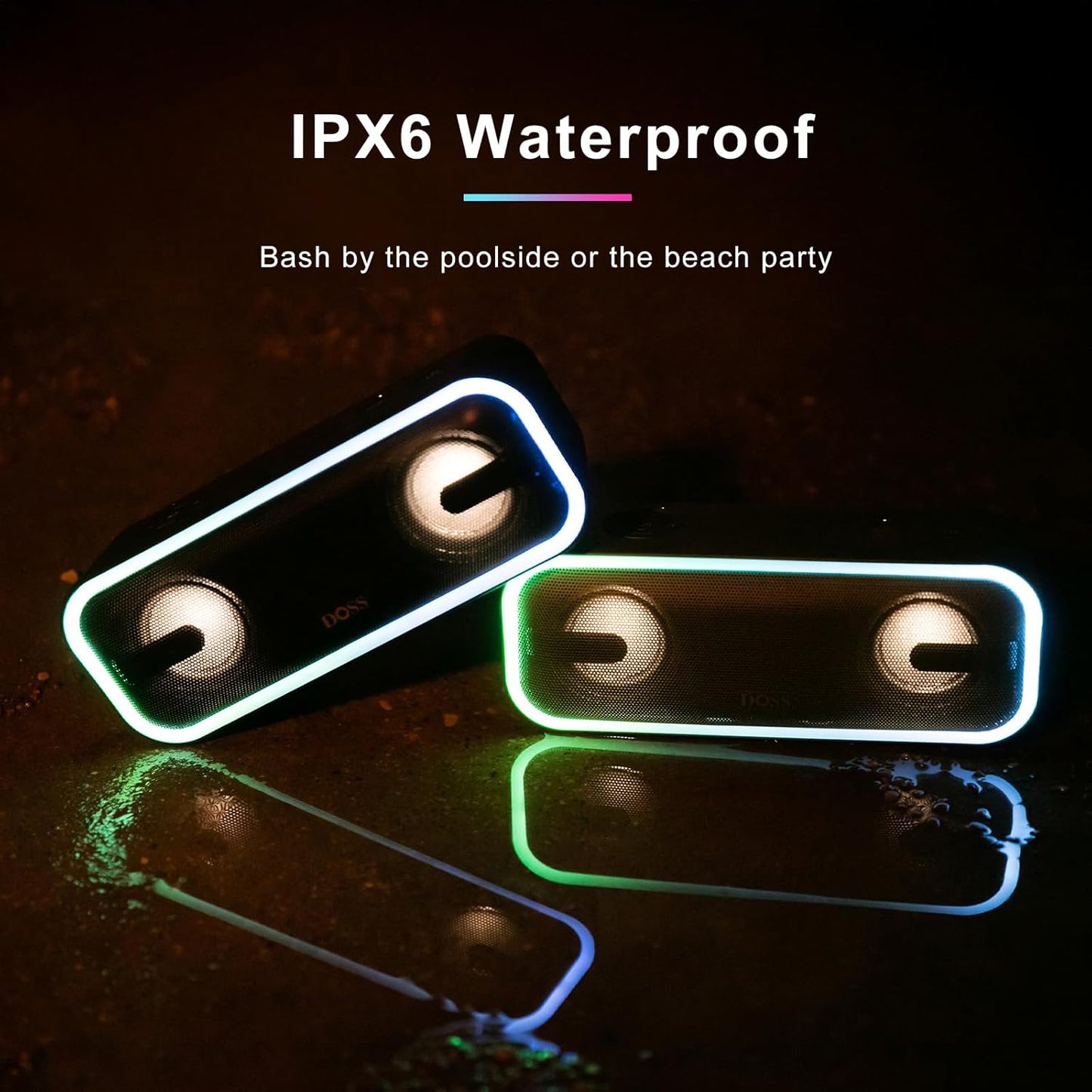 Soundbox Pro+ Bluetooth Speaker, Immersive 24W Stereo Sound with Booming Bass, IPX6 Waterproof, 15H Playtime, Mixed Colors Lights, Wireless for Backyard, Hiking, Garage, Party-Black