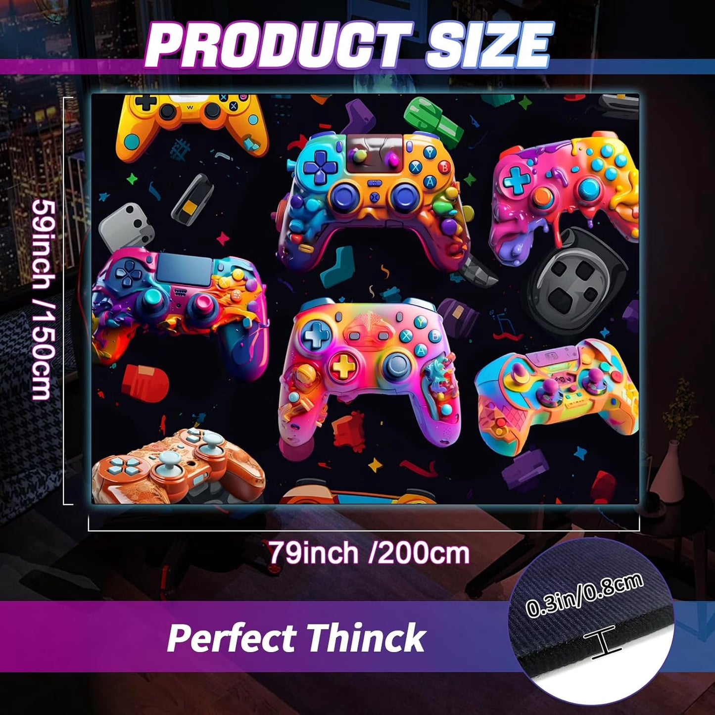 Gaming Area Rug Teen Boys Carpet, 3D Multi Gamepad Game Controller Design for Game Room, Gaming Room, Boys Girls Bedroom Playroom, Living Room (79" X 59")