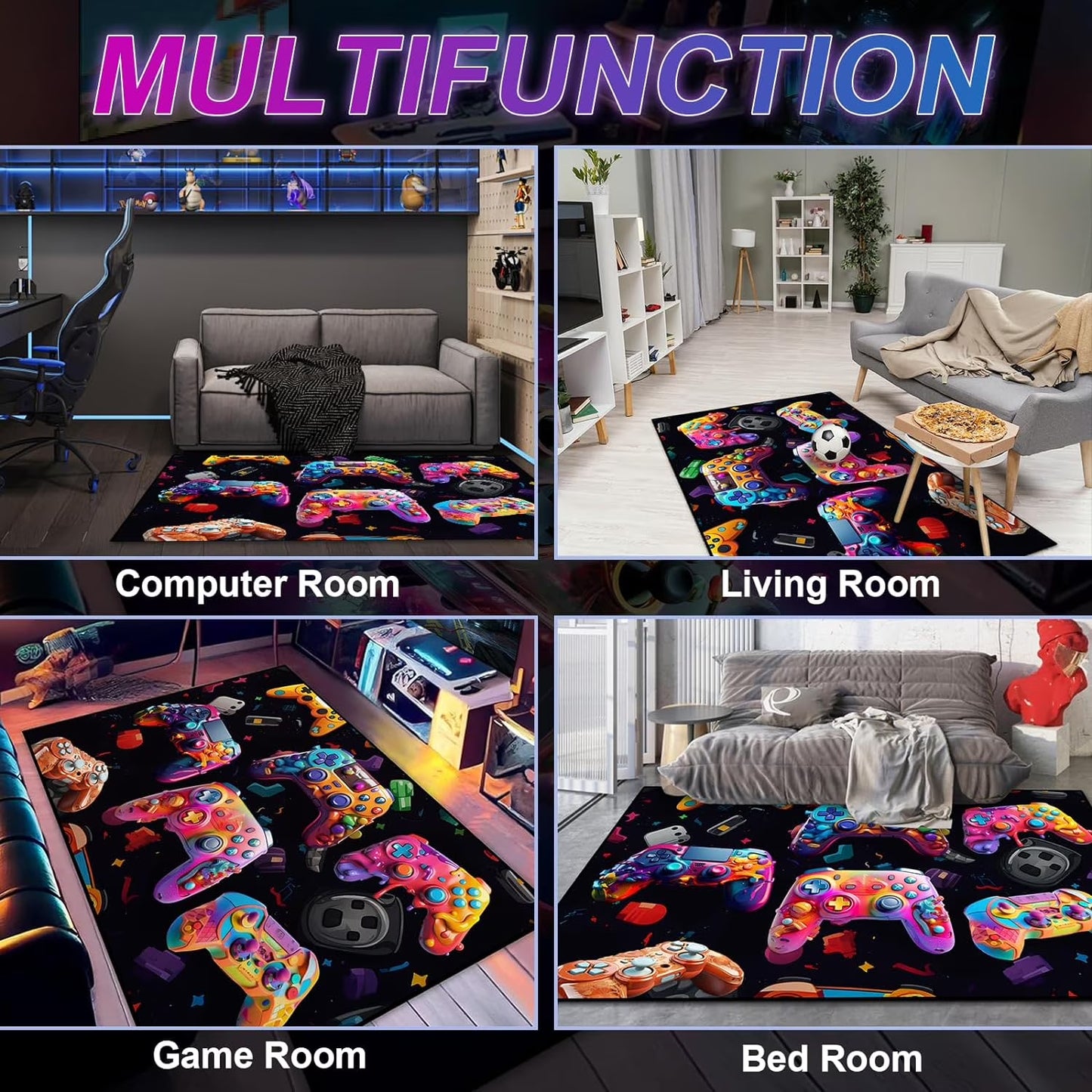 Gaming Area Rug Teen Boys Carpet, 3D Multi Gamepad Game Controller Design for Game Room, Gaming Room, Boys Girls Bedroom Playroom, Living Room (79" X 59")