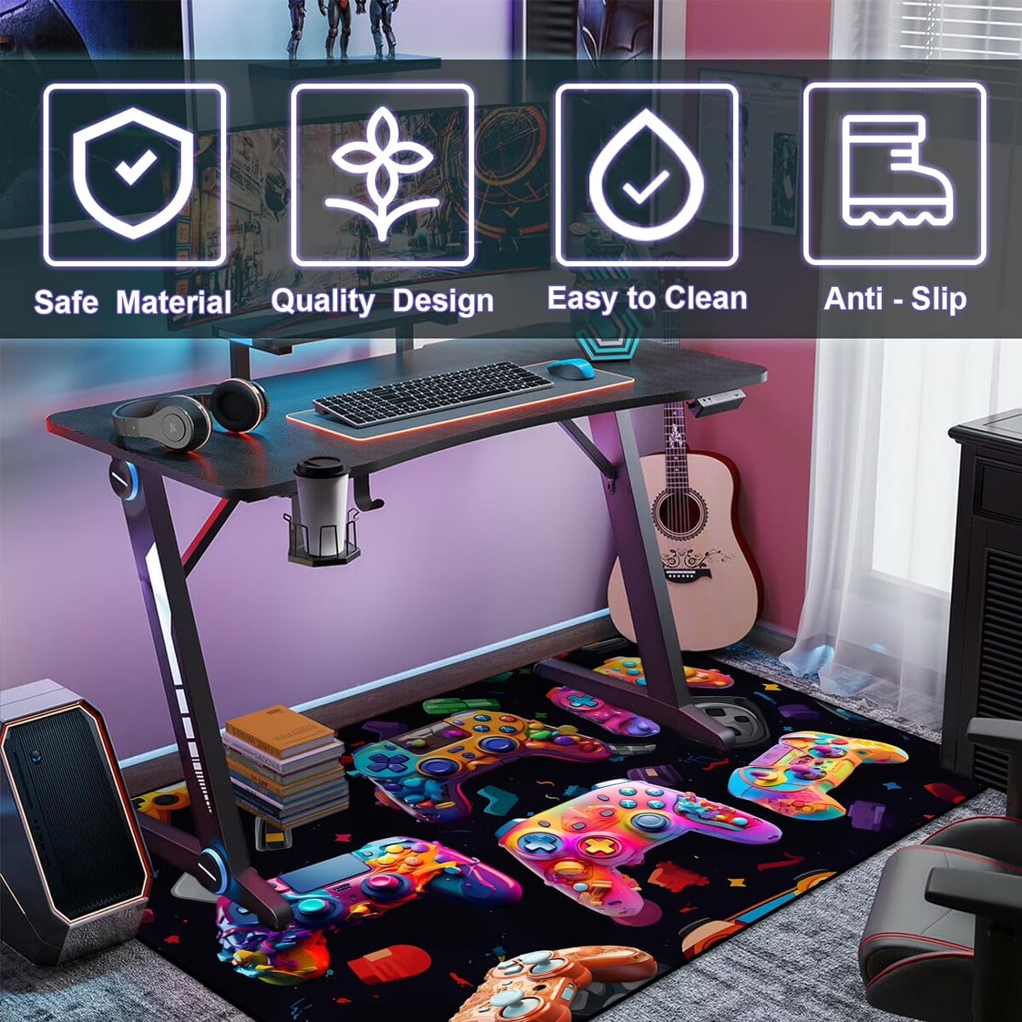 Gaming Area Rug Teen Boys Carpet, 3D Multi Gamepad Game Controller Design for Game Room, Gaming Room, Boys Girls Bedroom Playroom, Living Room (79" X 59")